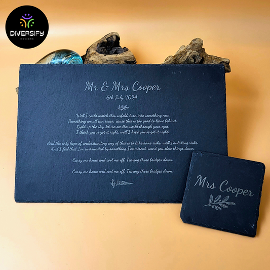 Personalised Engraved Slate Placemats & Coasters. Engagement, Wedding, Anniversary.