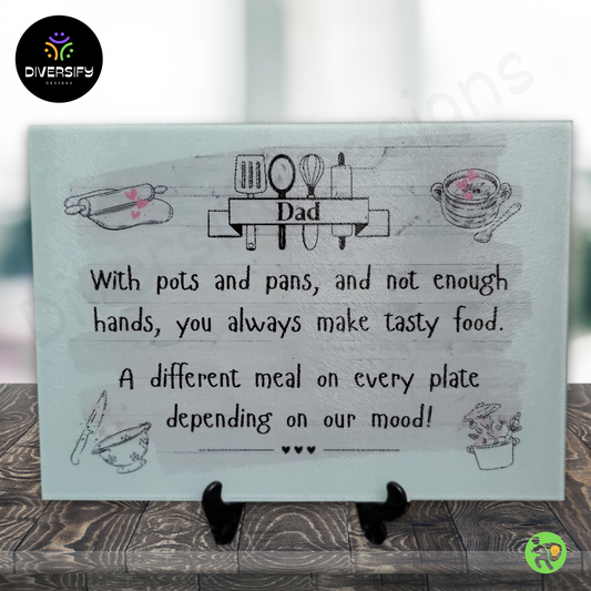 'Busy Chef' Personalisable- Toughened glass chopping board/Worktop saver